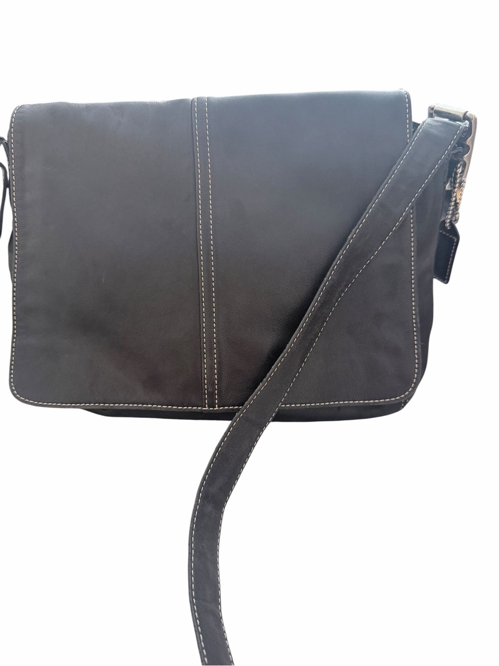 Coach Black Leather Messenger Bag with Contrast Stitching